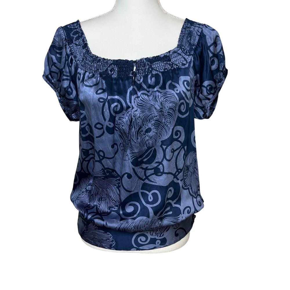 INC Y2k boho 100% silk off the shoulder peasant blue floral scroll blouse size 4
